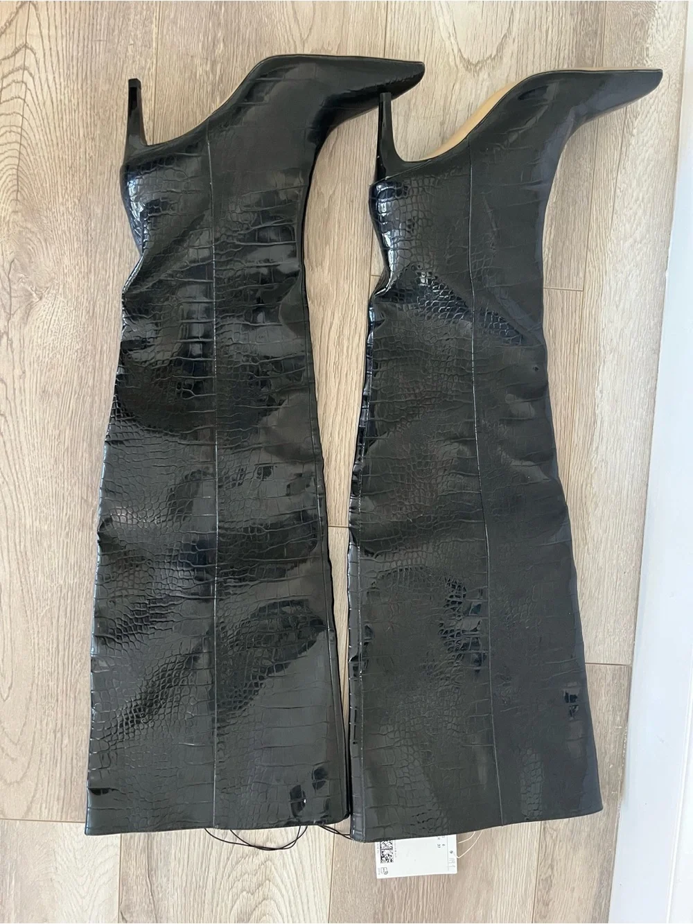 Zara Black Croc-Embossed Over-the-Knee Stiletto Boots